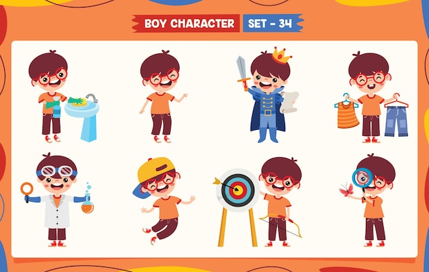 Niño de dibujos animados haciendo diversas actividades
