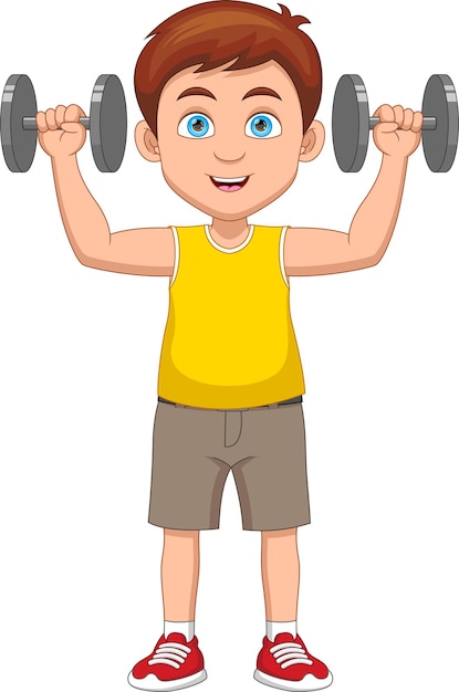 niño de dibujos animados haciendo ejercicio con pesas