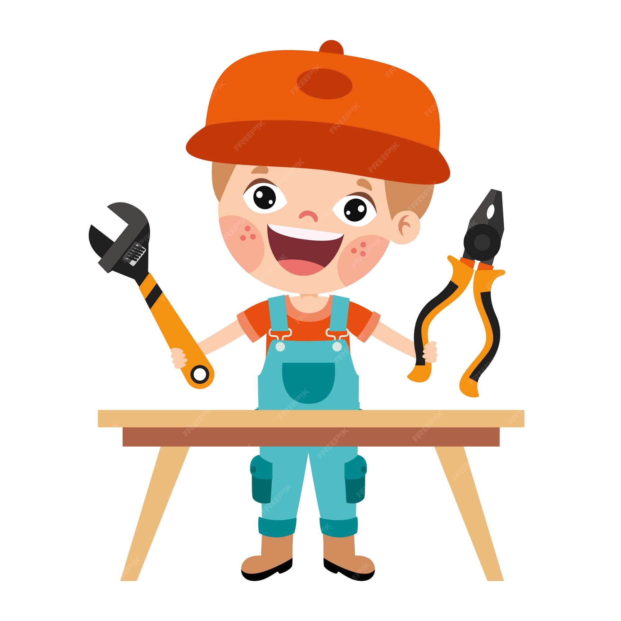 Niño de dibujos animados con herramientas de construcción | Vector Premium Niño de dibujos animados con herramientas de construcción | Vector Premium