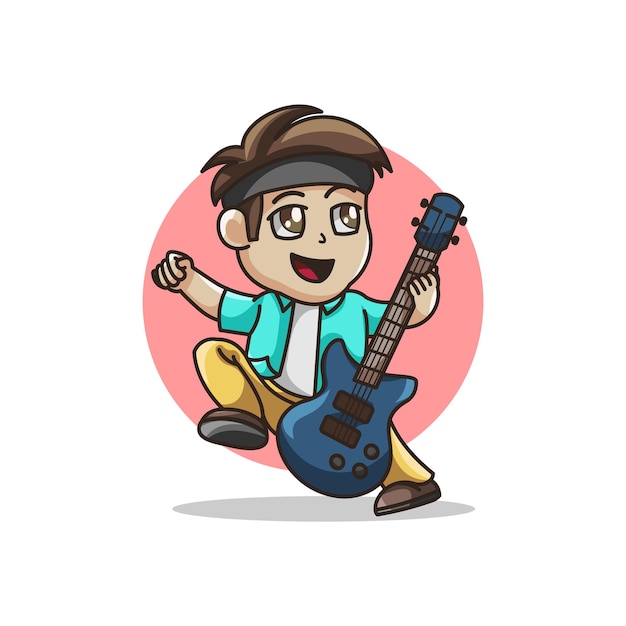 Niño de dibujos animados con ilustración de personaje de guitarra