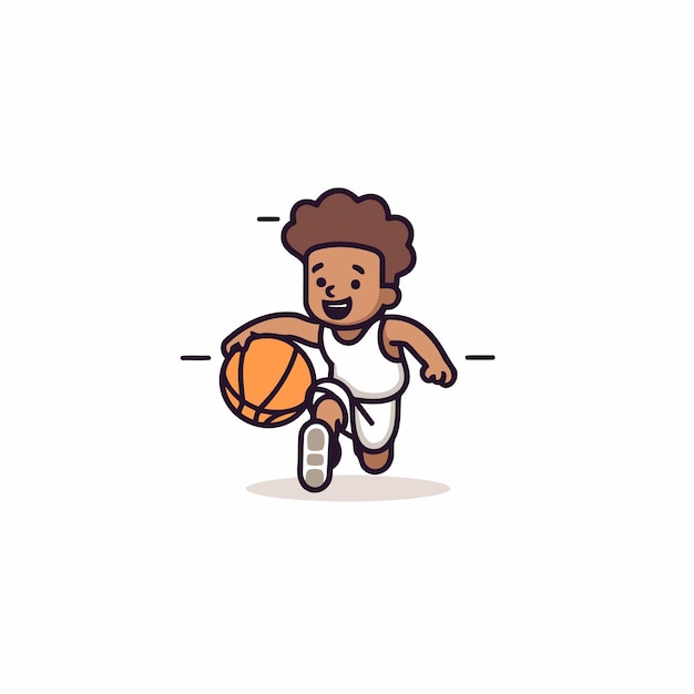 Vector niño de dibujos animados jugando al baloncesto ilustración vectorial en un estilo plano