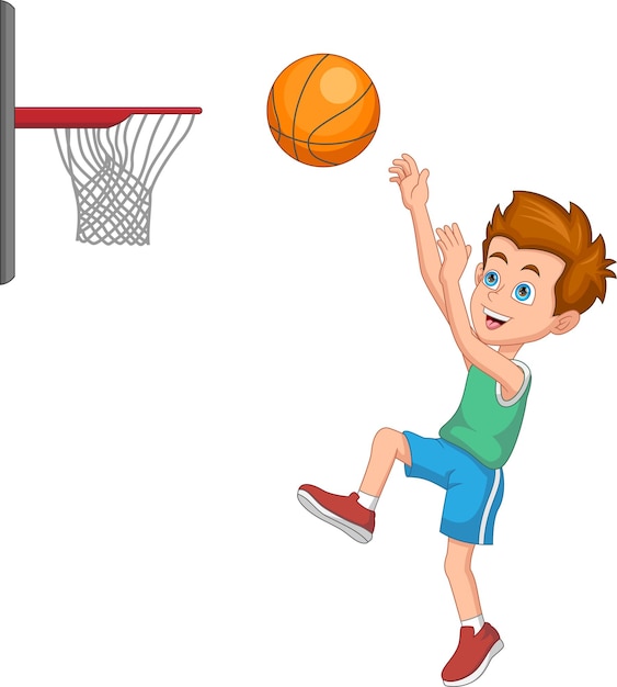 Niño de dibujos animados jugando baloncesto
