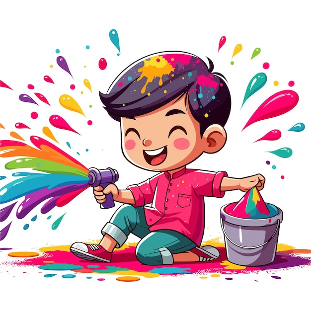 Vector niño de dibujos animados jugando a holi con ilustraciones vectoriales de pichakaree