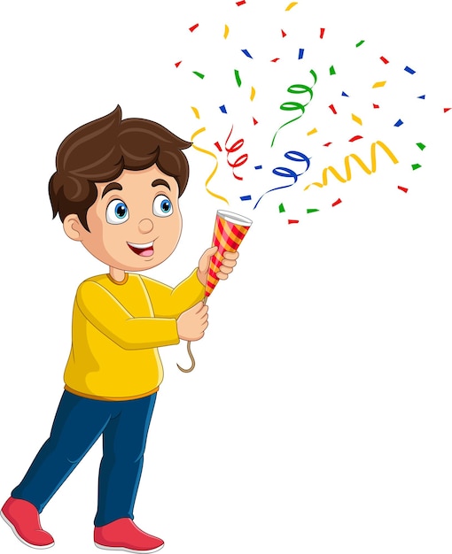 Niño de dibujos animados jugando popper de confeti