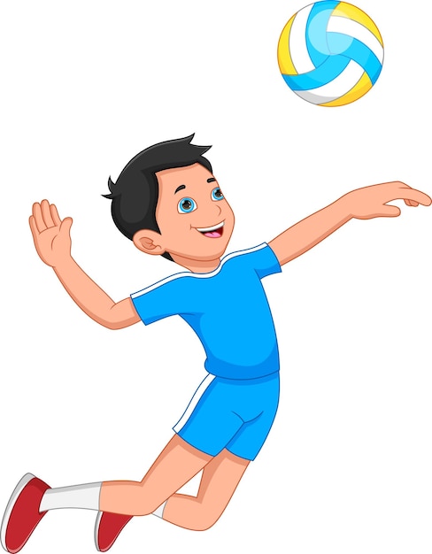 niño de dibujos animados jugando voleibol sobre fondo blanco