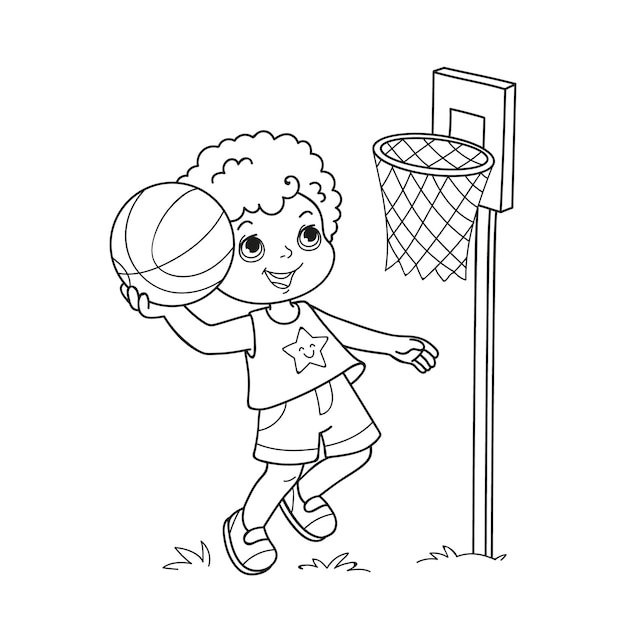 Niño de dibujos animados lanza la pelota a la canasta Libro de colorear para niños con un jugador de baloncesto