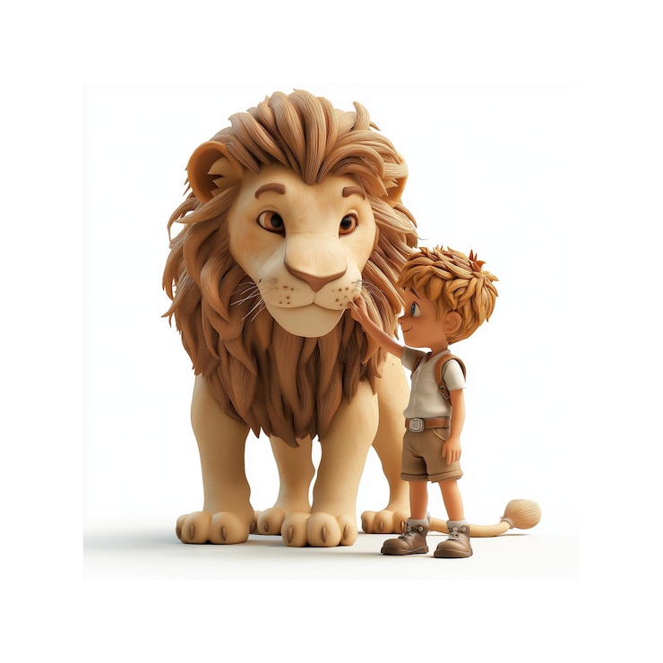 Vector niño de dibujos animados y león de pie juntos en amistad