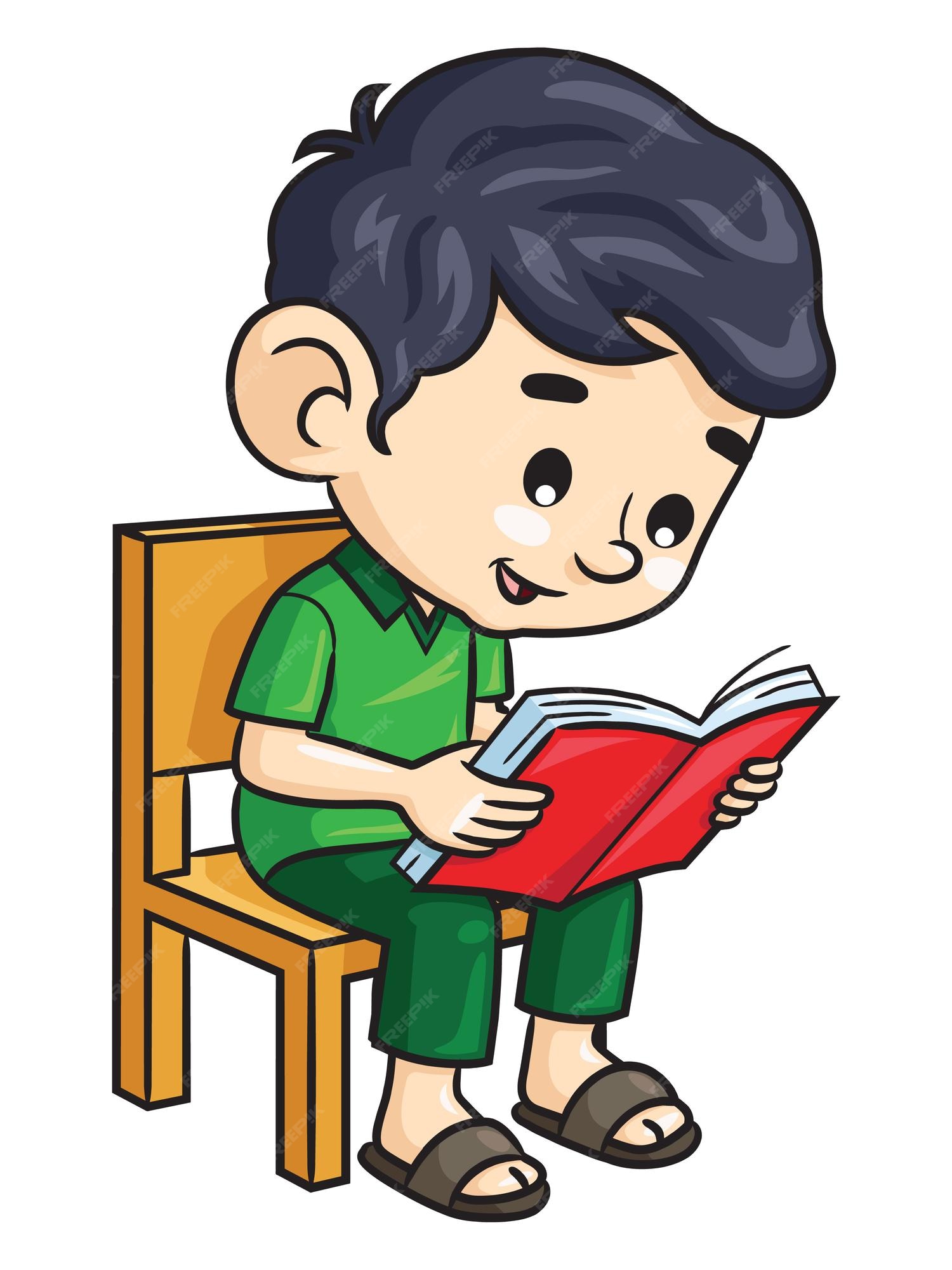 Niño de dibujos animados leyendo un libro mientras está sentado en una  silla | Vector Premium