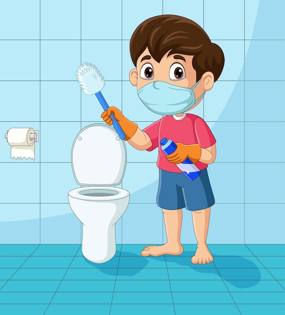 Niño de dibujos animados limpiando el baño