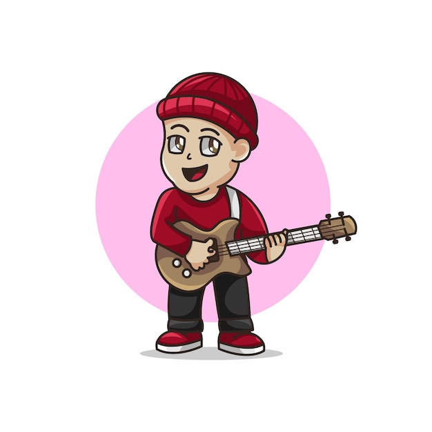 Niño de dibujos animados lindo con ilustración de guitarra