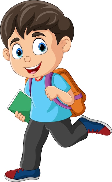 Niño de dibujos animados con mochila y libro corriendo