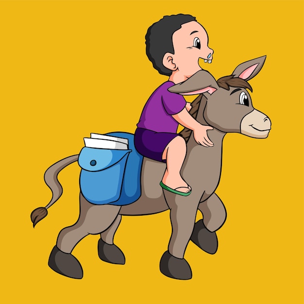 Niño de dibujos animados montando un burro