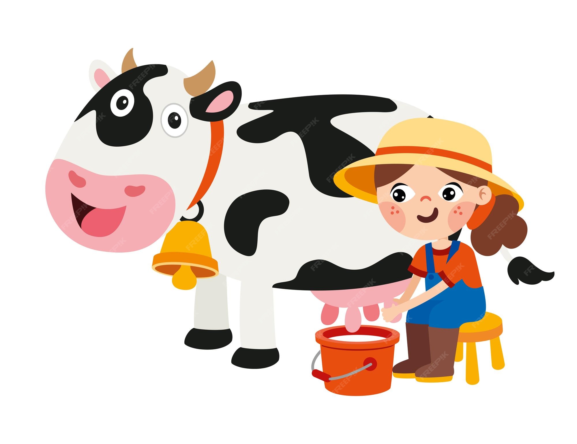 Niño de dibujos animados ordeñando una vaca | Vector Premium Niño de dibujos animados ordeñando una vaca | Vector Premium