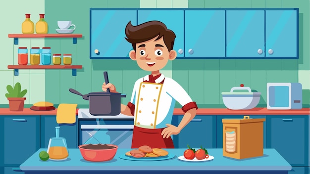 un niño de dibujos animados de pie frente a una estufa con comida delante de él