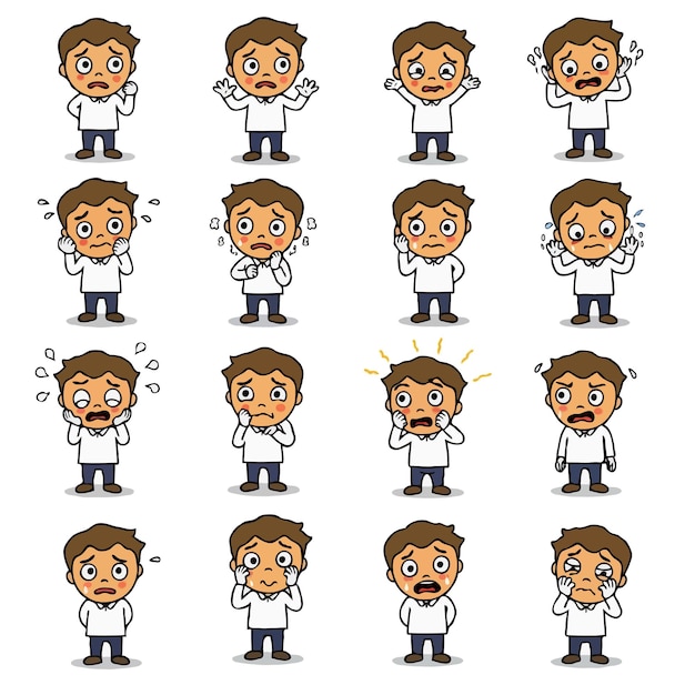 Niño de dibujos animados que muestra diferentes emociones tristes y preocupadas
