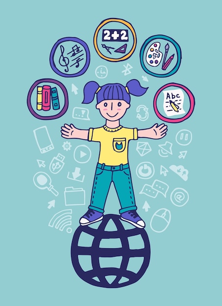 Niño de dibujos animados rodeado de iconos de educación Cursos de aprendizaje para niños en línea Ilustración de diseño plano
