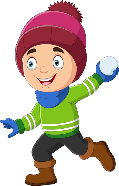 Niño de dibujos animados en ropa de invierno lanzando bolas de nieve