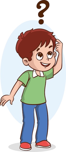 Niño de dibujos animados con signos de interrogación sobre fondo blanco ilustración vectorial