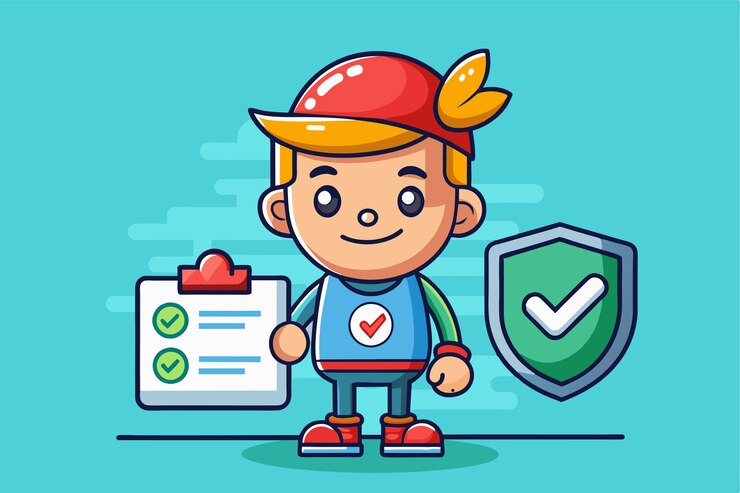Vector un niño de dibujos animados con un sombrero rojo sostiene una lista de comprobación con marcas de comprobación y un escudo verde con una marca de comprobación ilustración de dibujus animados personalizable verificada