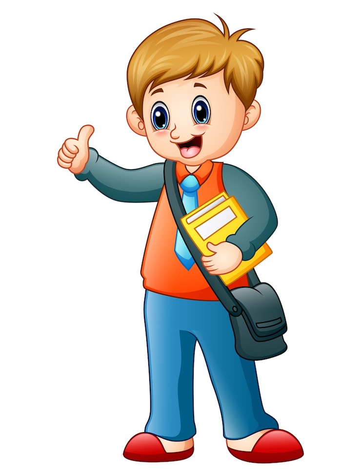 Vector niño de dibujos animados sosteniendo un libro con agitando la mano