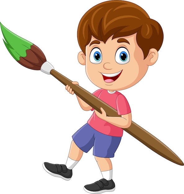 Niño de dibujos animados sosteniendo un pincel grande