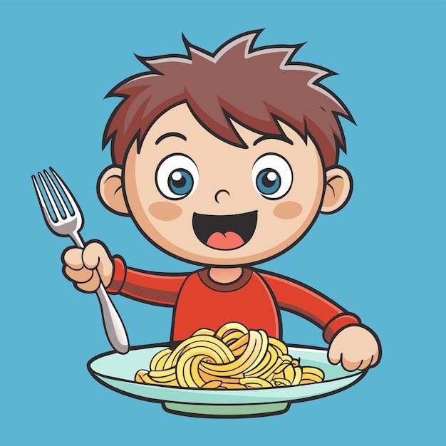 un niño de dibujos animados con un tenedor y un tenedor delante de él