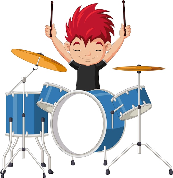 Niño de dibujos animados tocando un conjunto de tambores