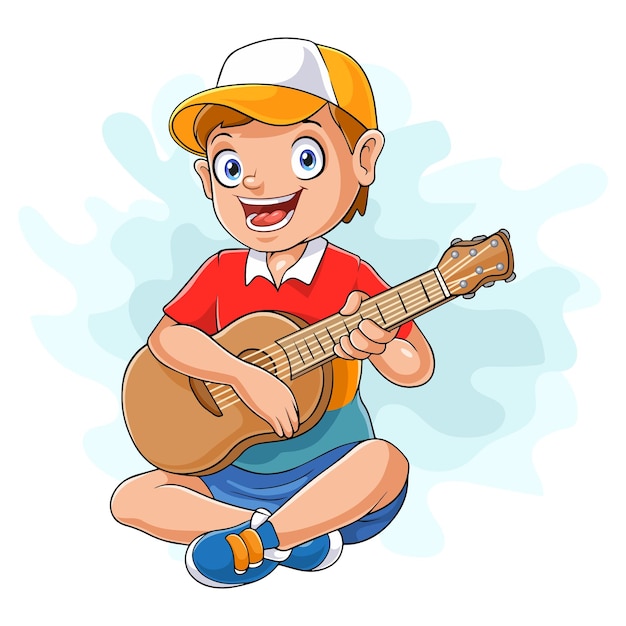 Niño de dibujos animados tocando la guitarra acústica