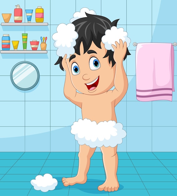 Niño de dibujos animados tomando un baño