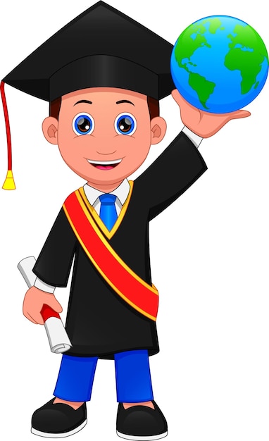 Vector niño de dibujos animados en traje de graduación y sosteniendo un globo