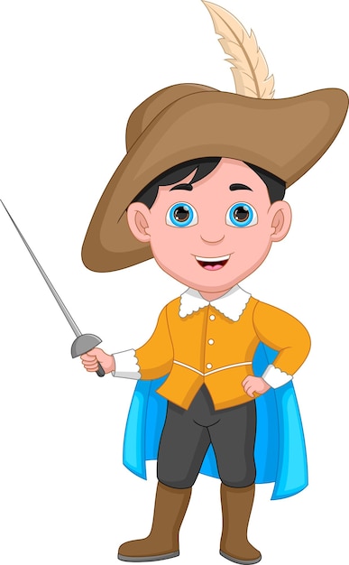 Niño de dibujos animados con traje de mosquetero y espada