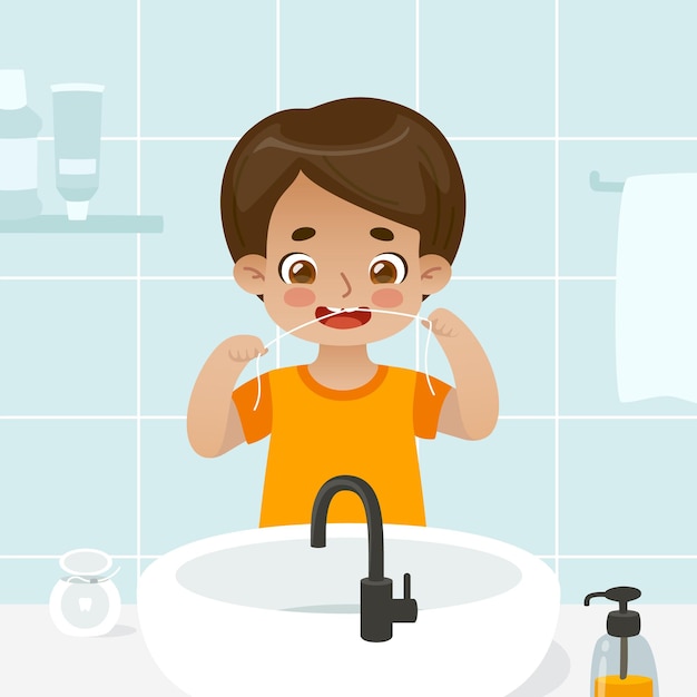 Vector niño de dibujos animados usando hilo dental lindo niño usando hilo dental en la fuente del lavabo adorable niño usando hilo dental en el baño