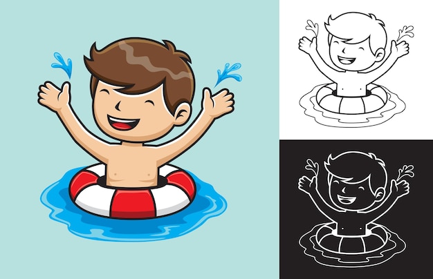 Niño de dibujos animados usar aro salvavidas en el agua