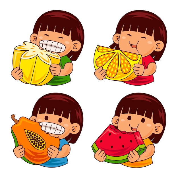 un niño con diferentes imágenes de una niña comiendo sandía