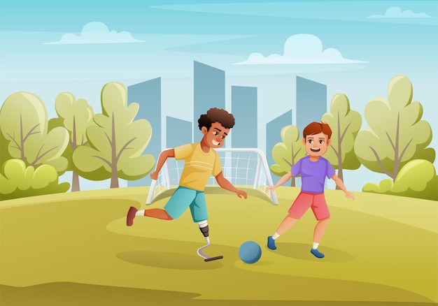 Niño discapacitado feliz con pierna protésica jugando al fútbol con un amigo al aire libre ilustración vectorial de dibujos animados