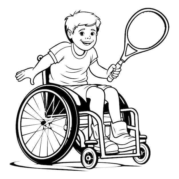 Niño discapacitado en silla de ruedas jugando al tenis Ilustración vectorial en blanco y negro