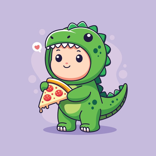 Niño con disfraz de dinosaurio comiendo pizza