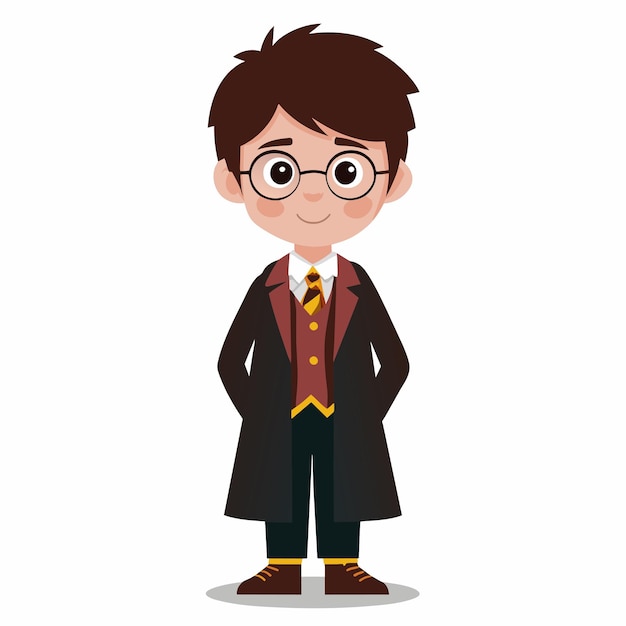 Vector un niño con un disfraz de hogwarts está de pie frente a un fondo blanco lleva un chaleco rojo y una corbata amarilla