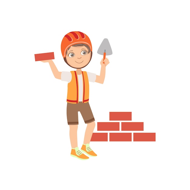 Vector niño, disfrazado, como, trabajador construcción, colocar, pared ladrillo