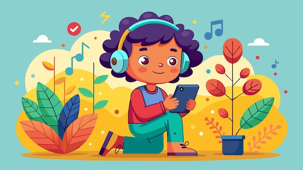 Vector un niño disfruta de la música en su tableta en un colorido parque