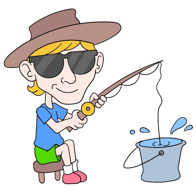Niño disfruta de unas vacaciones de pesca en un balde de agua, arte de ilustración vectorial. imagen de icono de doodle kawaii.
