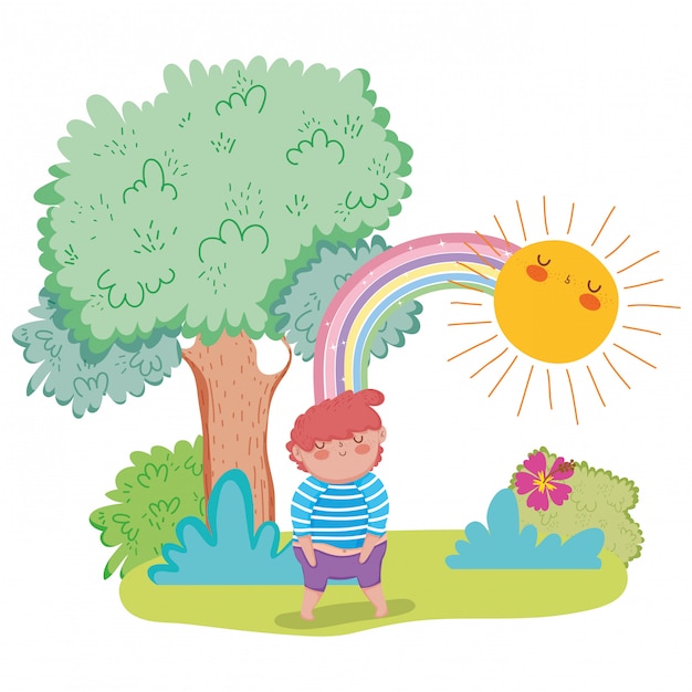 Niño disfrutando con el arco iris y el sol kawaii