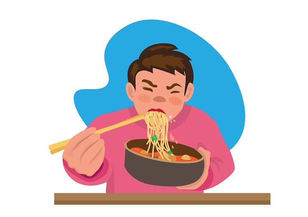 Vector niño disfrutando de fideos y sopa caliente los personajes se apresuraron a comer porque tenían hambre ilustración de vector de dibujos animados de estilo plano