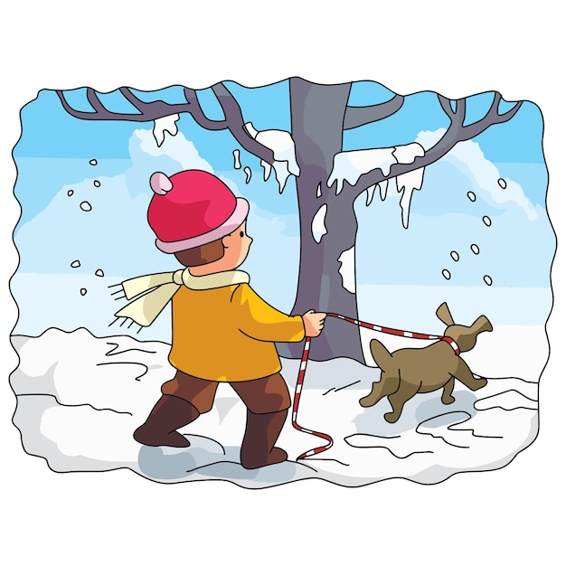 Un niño disfrutando de la nieve con su perro