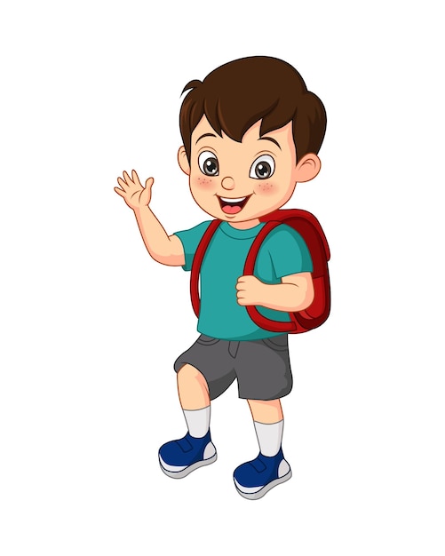 Niño divertido de dibujos animados con mochila agitando su mano
