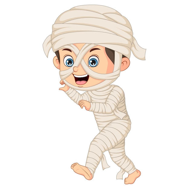 Niño divertido de dibujos animados en traje de momia
