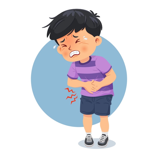 Vector niño con dolor de estómago niño presionando su mano contra su abdomen ilustración vectorial