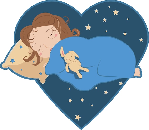 Vector niño dormido con estrellas e ilustración de vector de juguete linda chica durmiendo en el corazón con etiqueta de estrellas