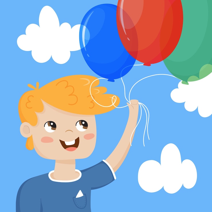 Vector un niño en edad preescolar tiene tres globos de colores en sus manos.
