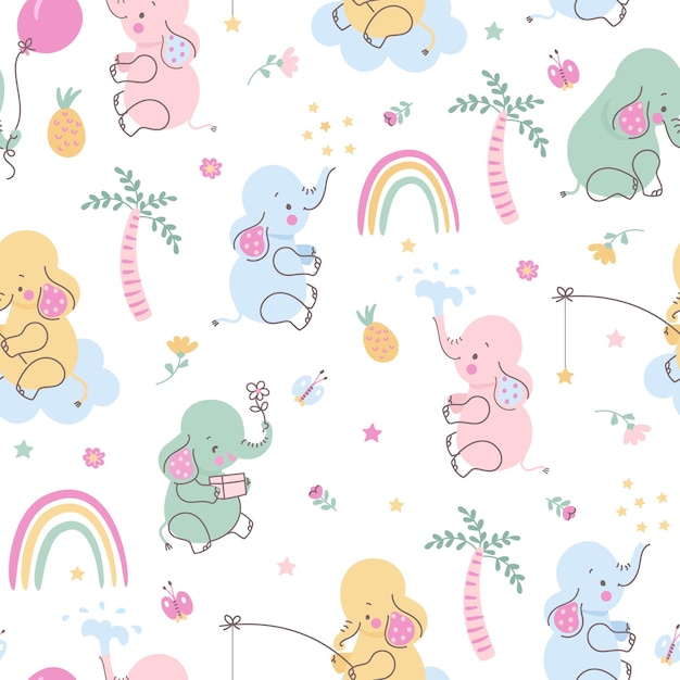 Niño elefante de patrones sin fisuras Elefantes y papel tapiz de palmera Lindos animales divertidos estilo escandinavo para bebé niño vida silvestre hoy en día vector de impresión